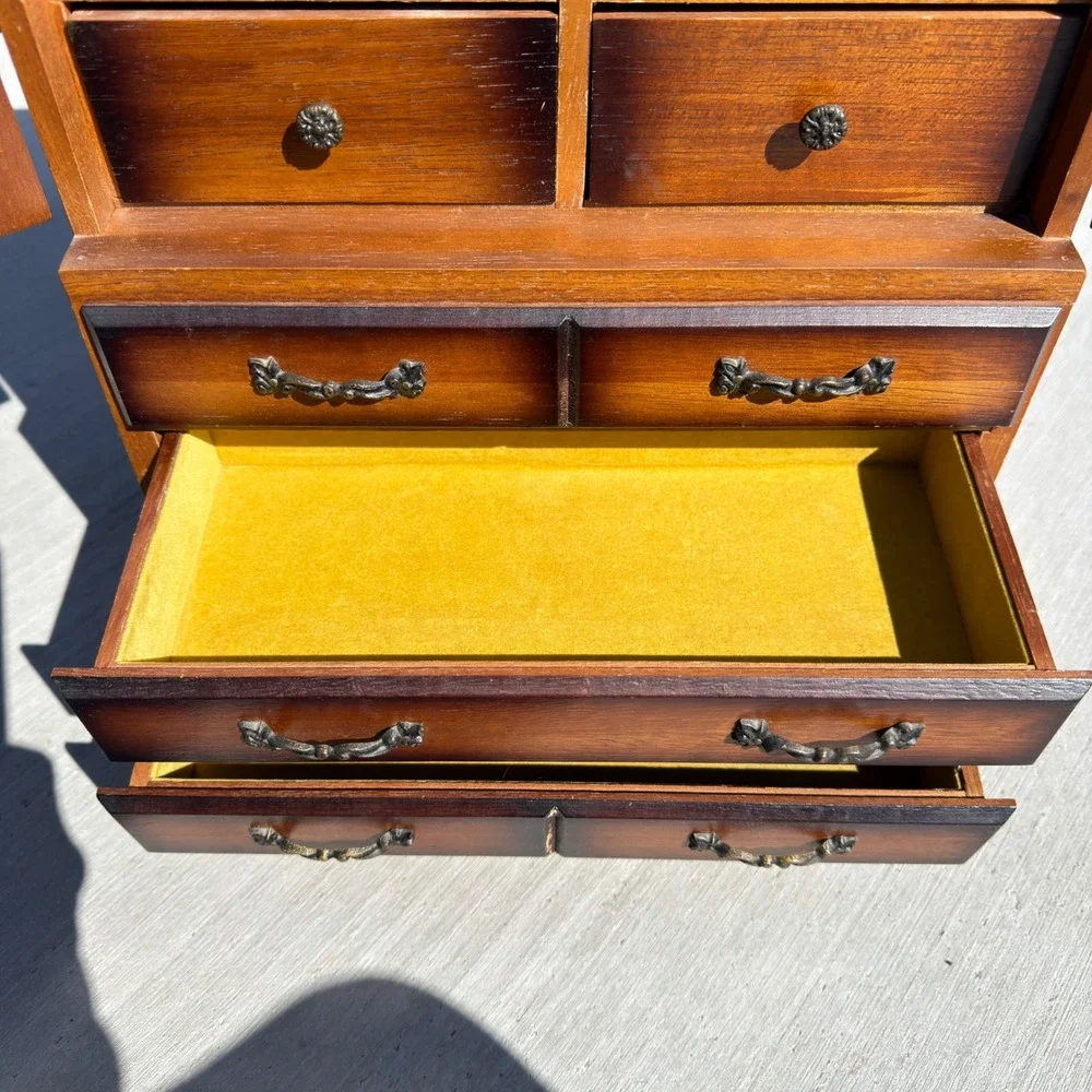 Vintage Made in Japan Wood Jewelry Armoire Spindle Door Tabletop Chest 11 Drawer